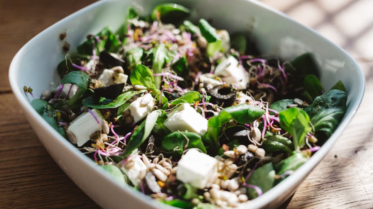 Fresh spinach salad with feta, olives, and sprouts, served in a sunlit bowl.